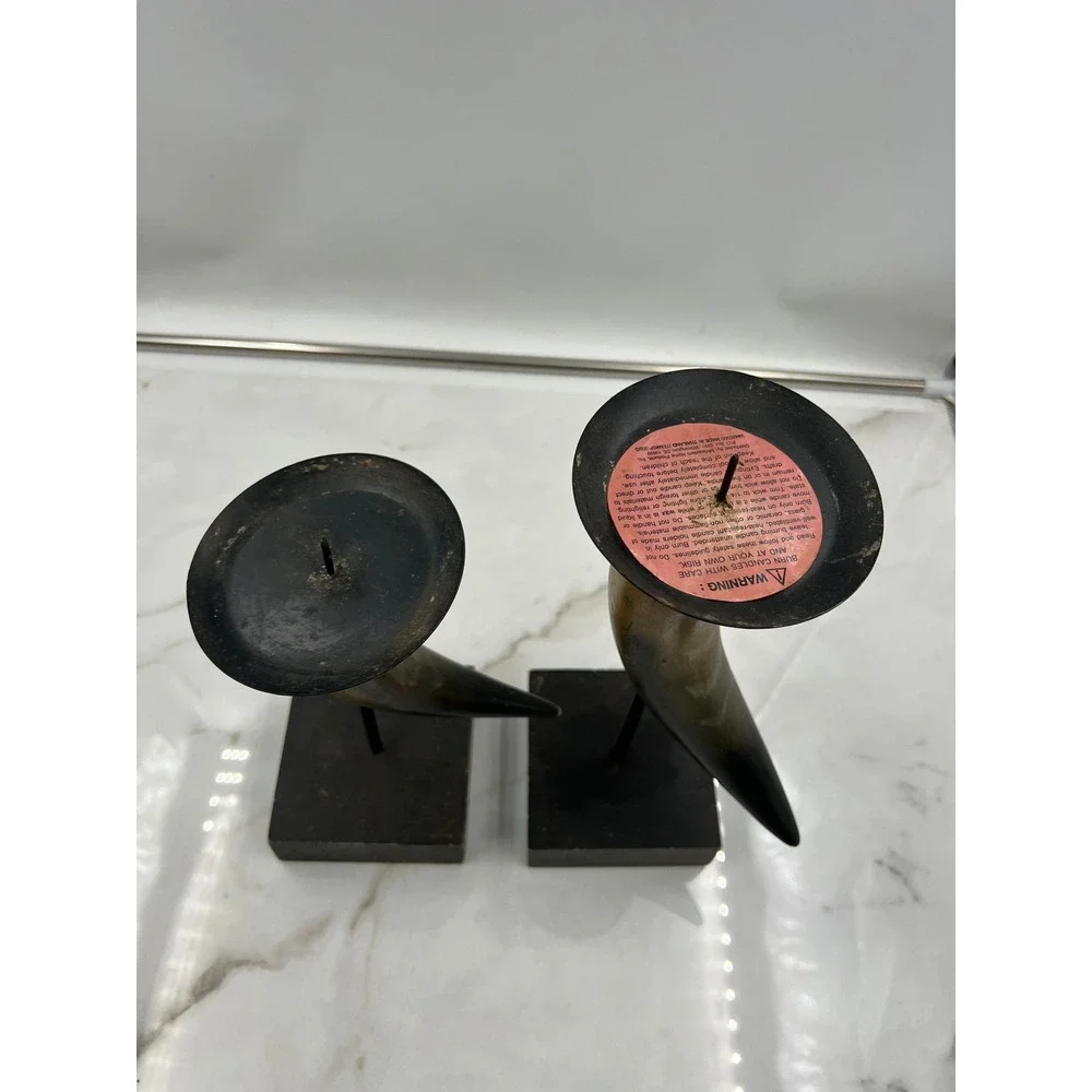 Elements Faux Horn Pillar Candle Holders Set of 2 Rustic Lodge Decor Black Tan